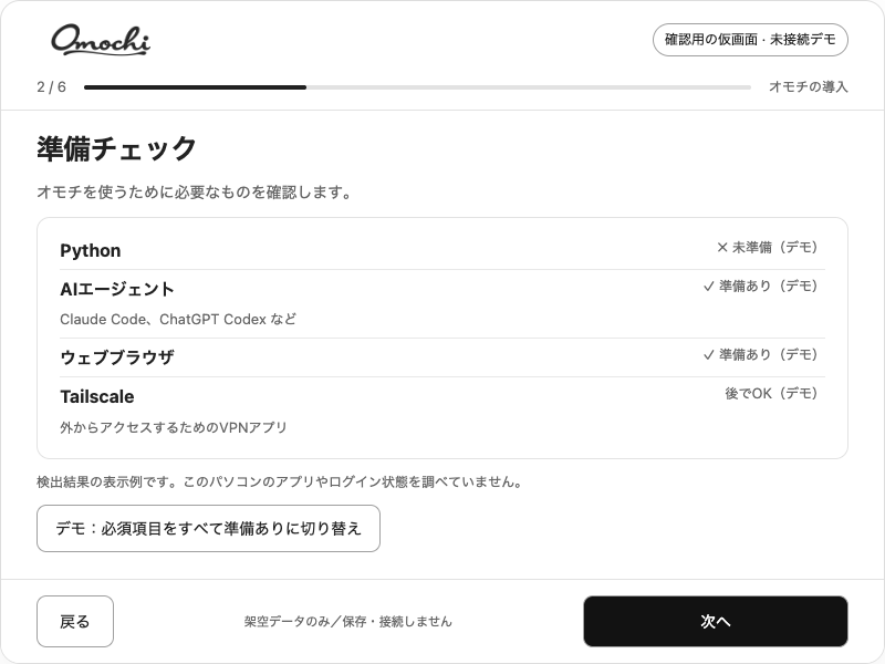 導入ウィザードの画面案 2/6。架空データの未接続デモ。